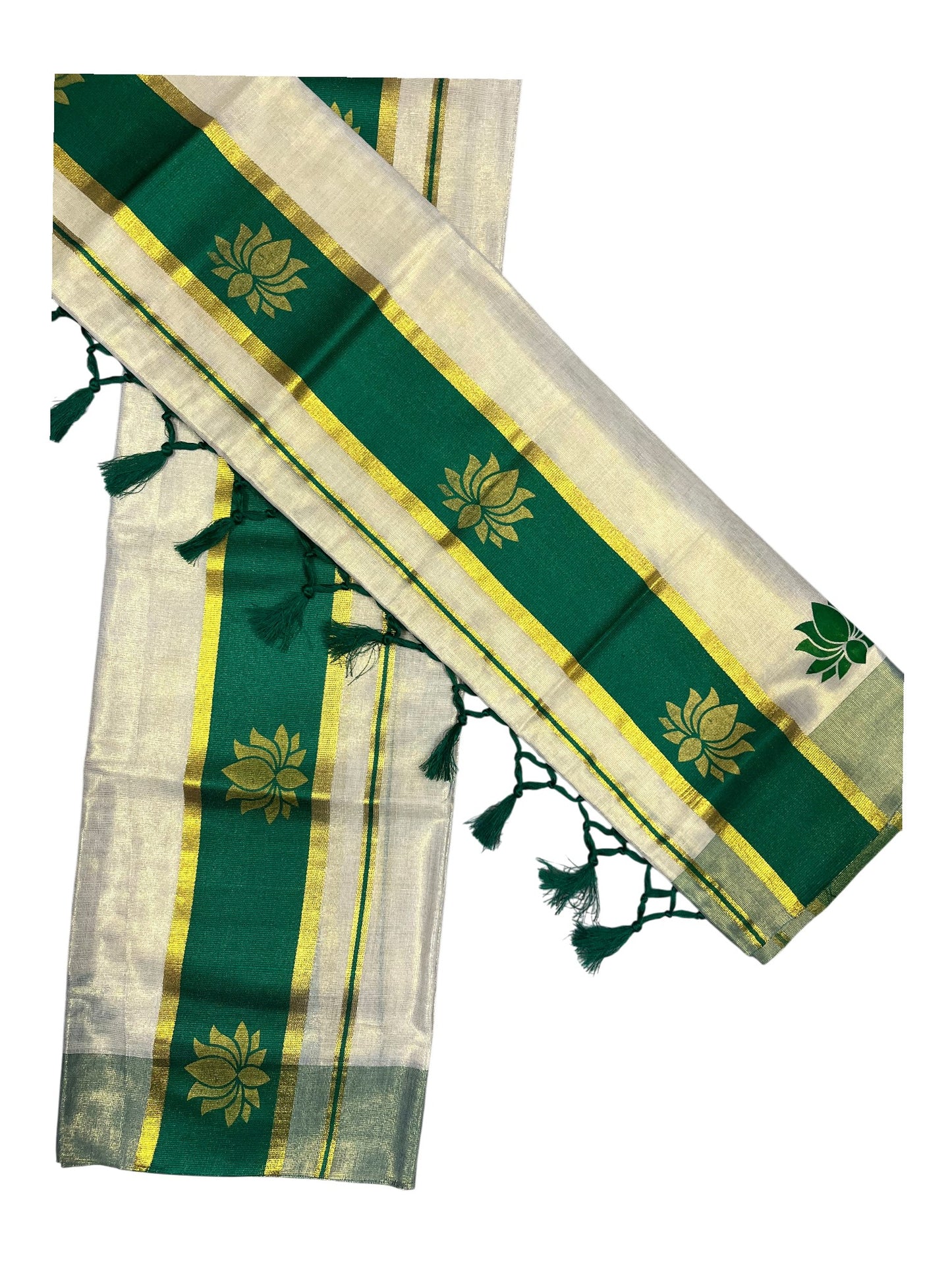 Southloom Kerala Cotton Kasavu Single Set Mundu (Mundum Neriyathum) with Lotus Design in Green