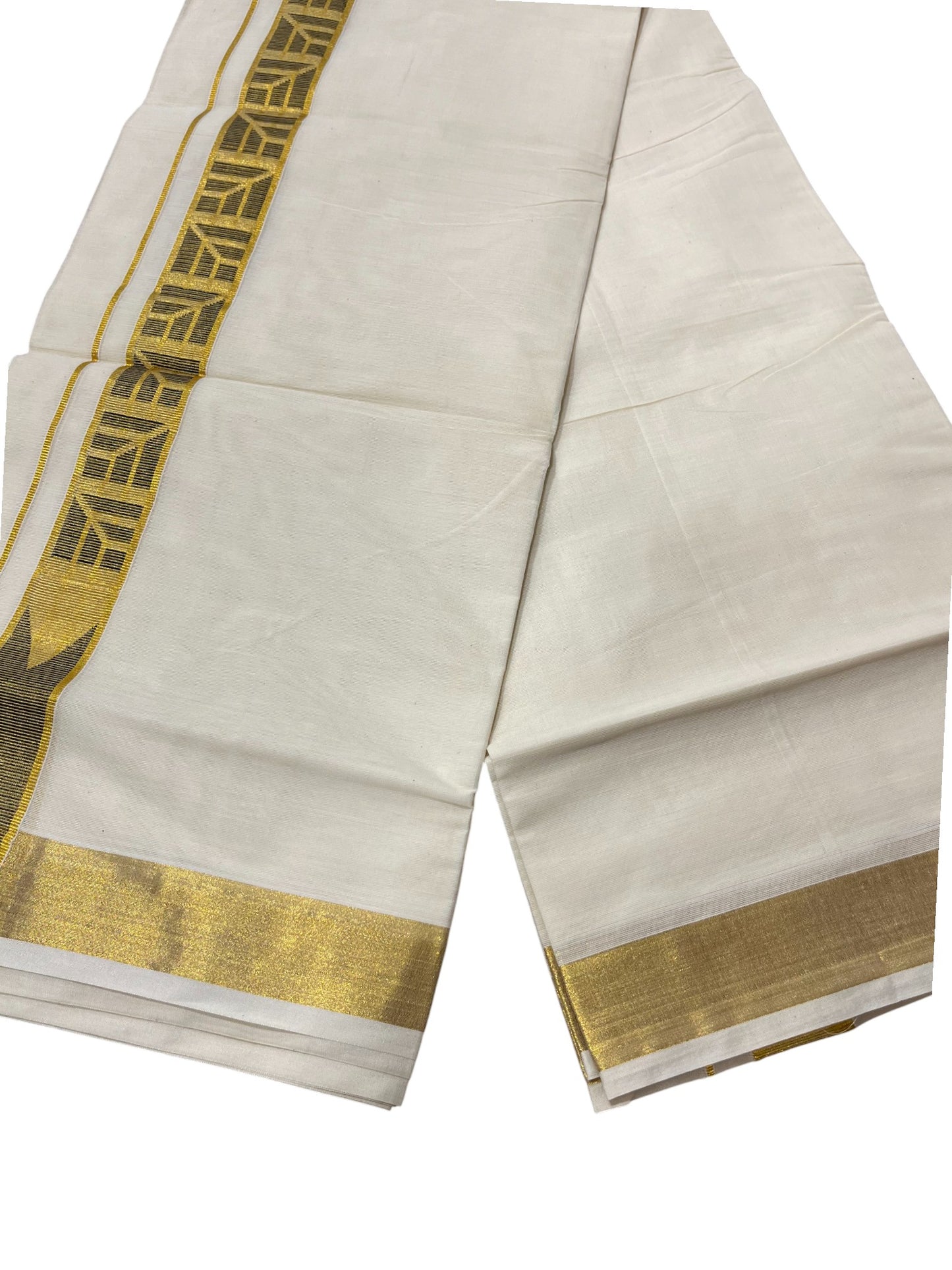 Southloom Kasavu Double Mundu with Black Prints Along Kasavu Kara