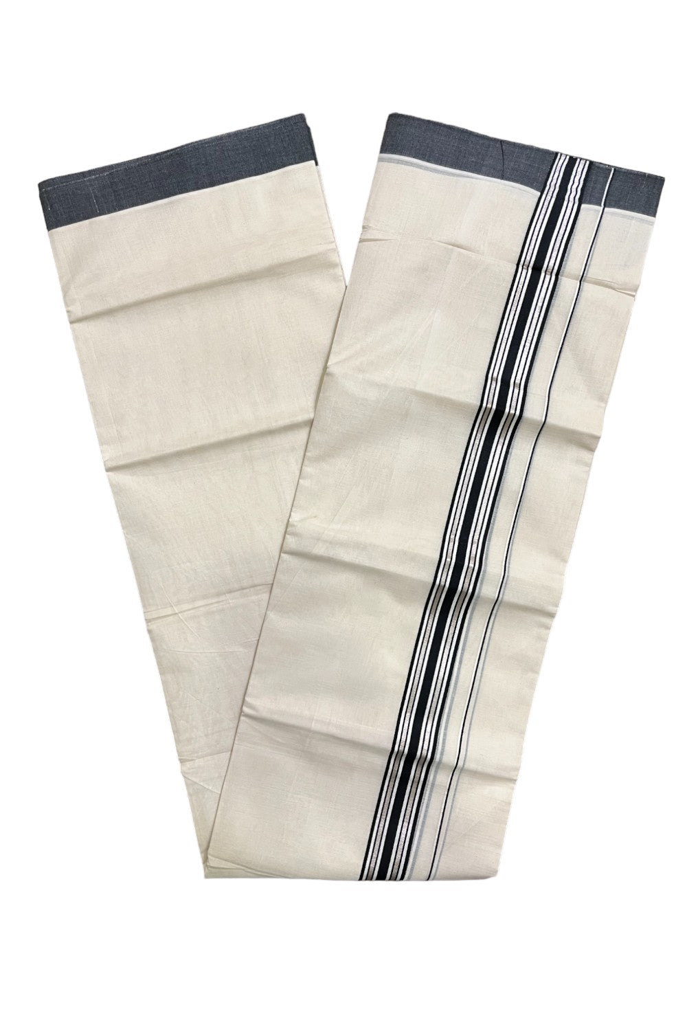 Kerala Pure Cotton Double Mundu with Silver Kasavu and Black Border (South Indian Kerala Dhoti)