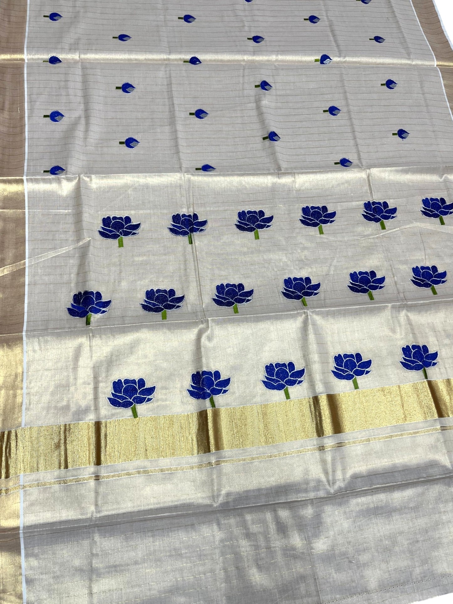 Southloom Kerala Tissue Kasavu Saree with Blue Lotus Embroidery Design SL289