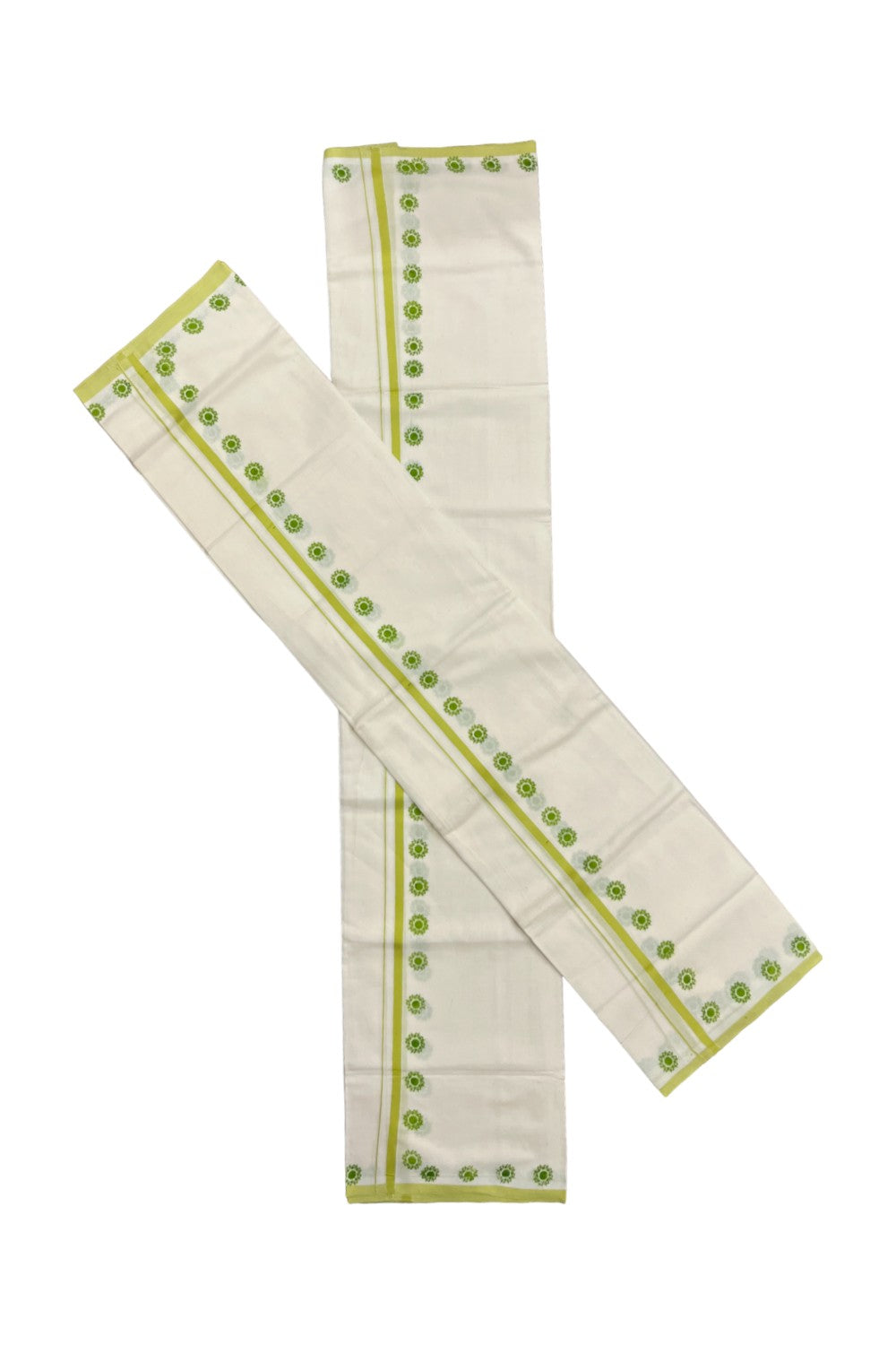 Kerala Pure Cotton Set Mundu Single (Mundum Neriyathum) with Light Green Floral Block Prints