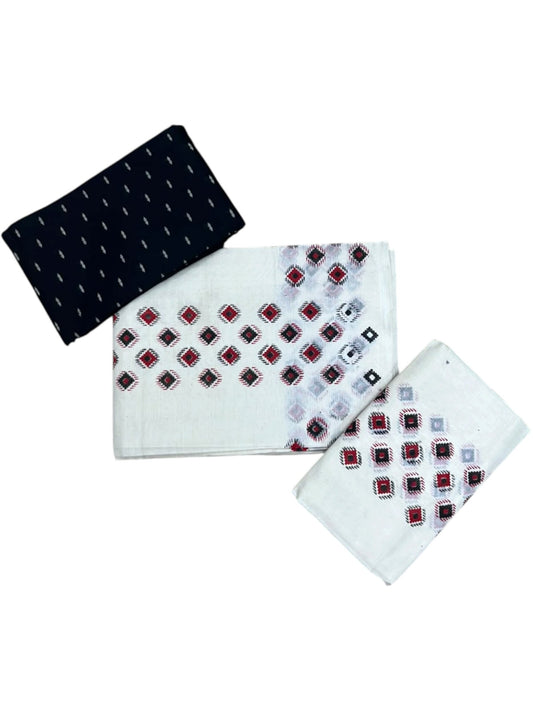 Southloom Kerala Pure Cotton Set Mundu Single (Mundum Neriyathum) with Digital Prints on Black & Red Border in 2.80 Mtrs SL570