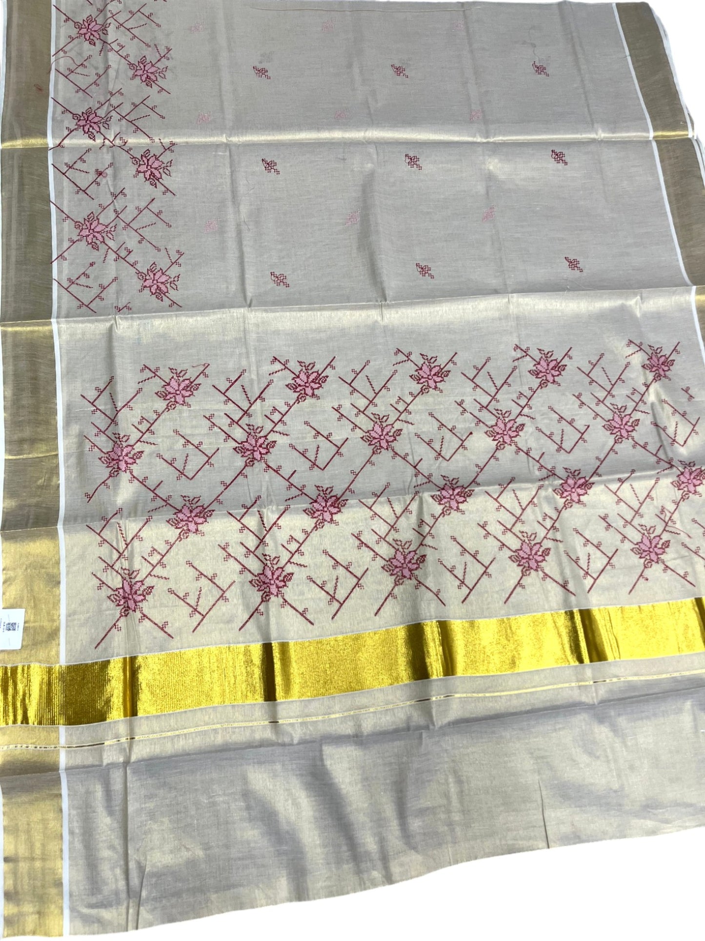 Southloom Tissue Kerala Kasavu Saree with Floral Embroidery Work on Body in Pink and Red