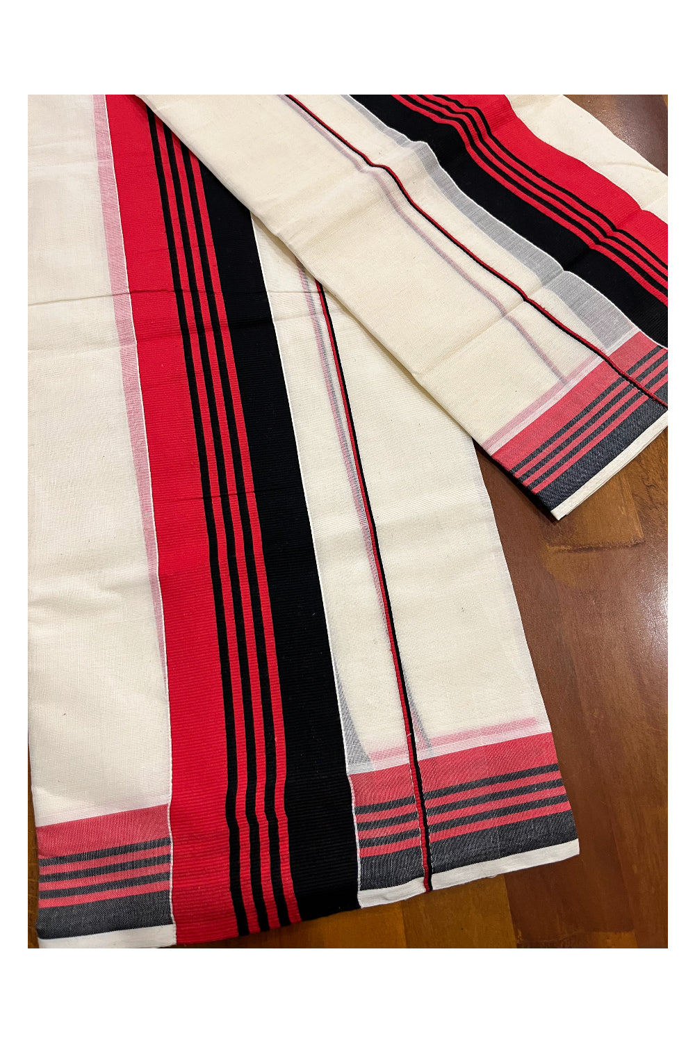 Kerala Cotton Mundum Neriyathum Single (Set Mundu) with Red and Black Kara (Onam Set Mundu 2023)