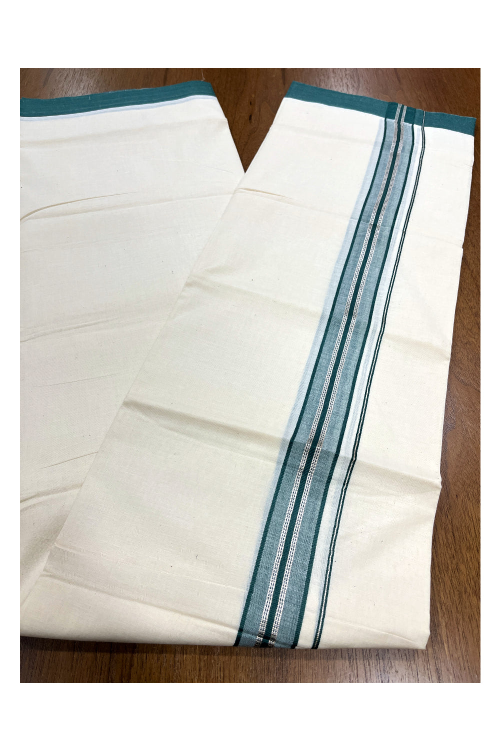 Pure Cotton Double Mundu with Silver Kasavu and Green Border (South Indian Kerala Dhoti)