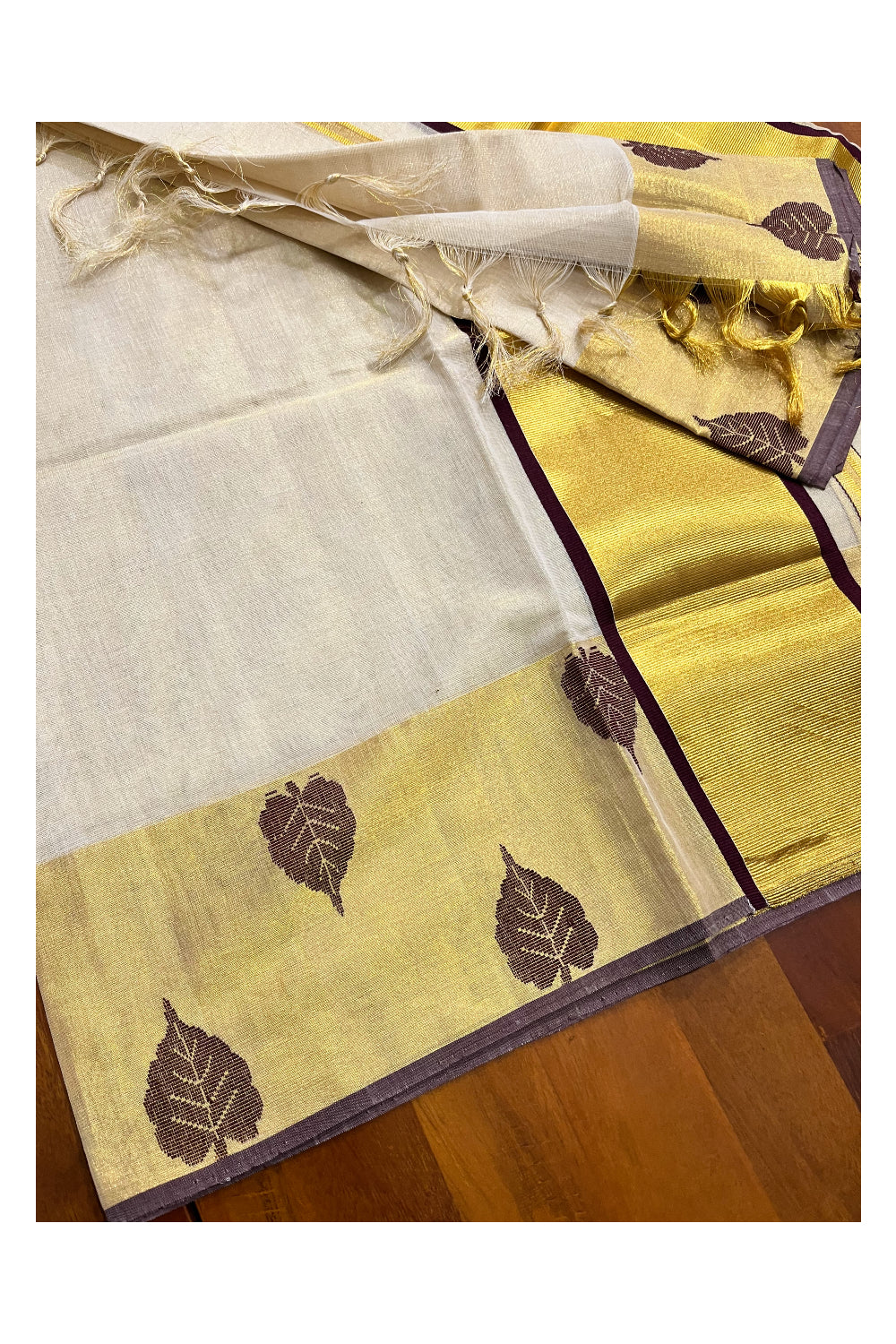 Southloom Handloom Premium Tissue Kasavu Set Mundu With Brown Leaf Woven Patterns (Mundum Neriyathum) 2.70 Mtrs