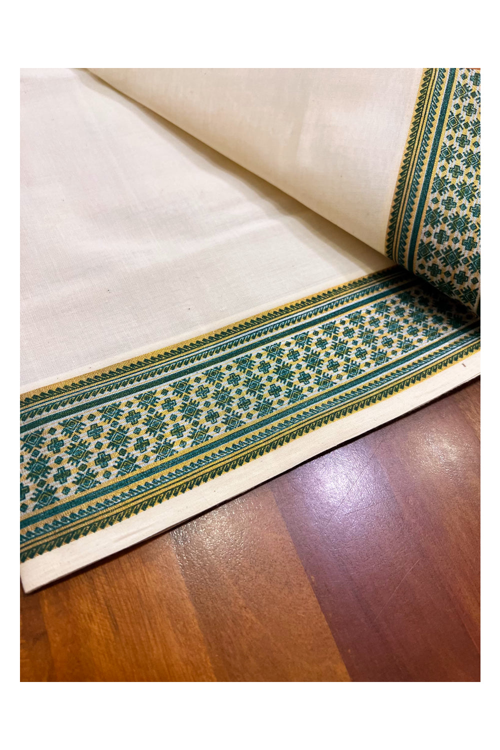 Kerala Pure Cotton Set Mundu Single (Mundum Neriyathum) with Green Block Prints on Kasavu Border