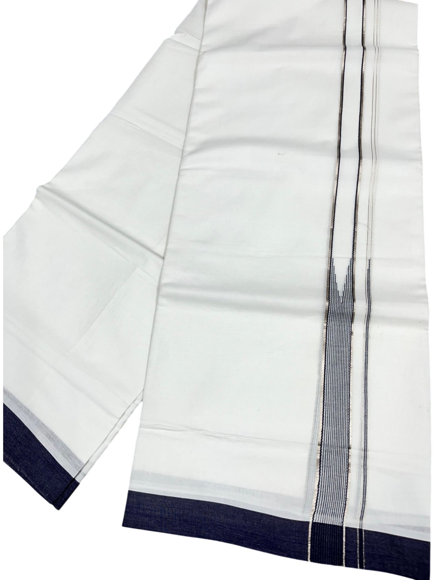 Southloom Pure White Cotton Double Mundu with Silver Lines and Blue Border (South Indian Dhoti)