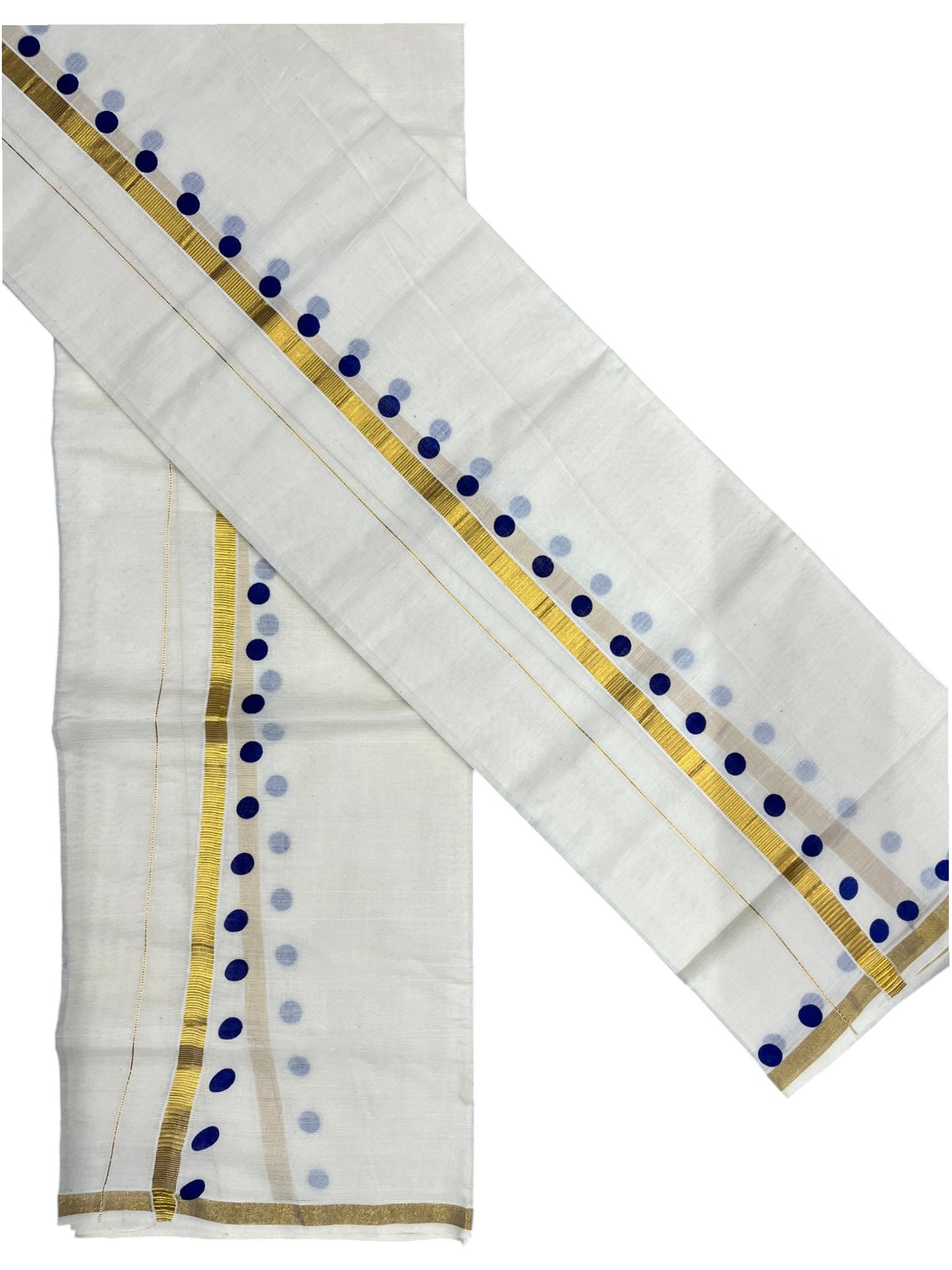 Southloom Pure Cotton Kerala Single Set Mundu (Mundum Neriyathum) with Polka Dots in Blue 2.80 Mtrs