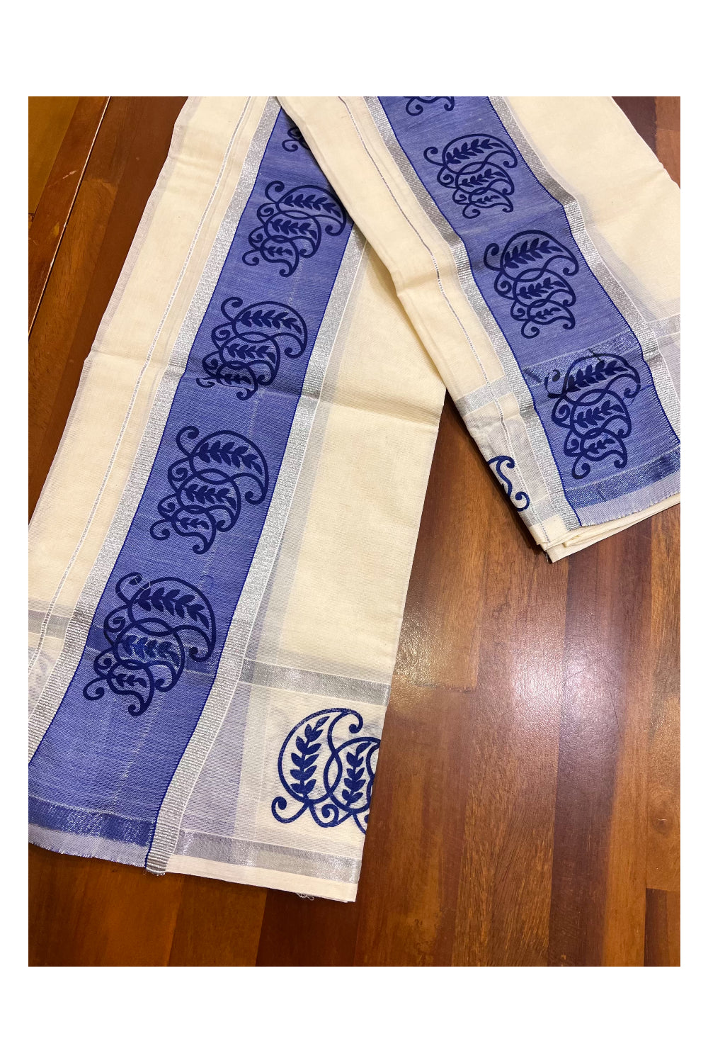 Kerala Cotton Set Mundu Single (Mundum Neriyathum) with Block Prints on Silver Kasavu and Blue Border