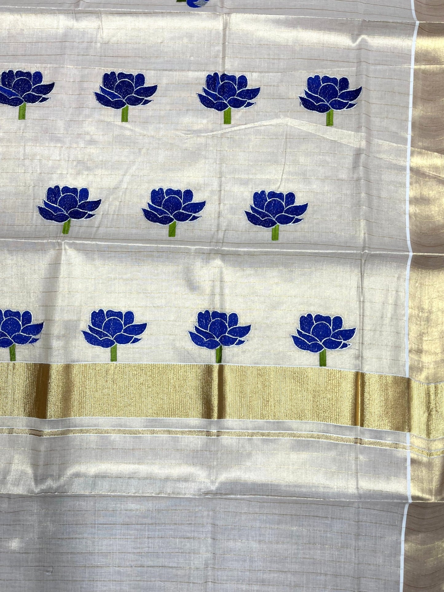 Southloom Kerala Tissue Kasavu Saree with Blue Lotus Embroidery Design SL289