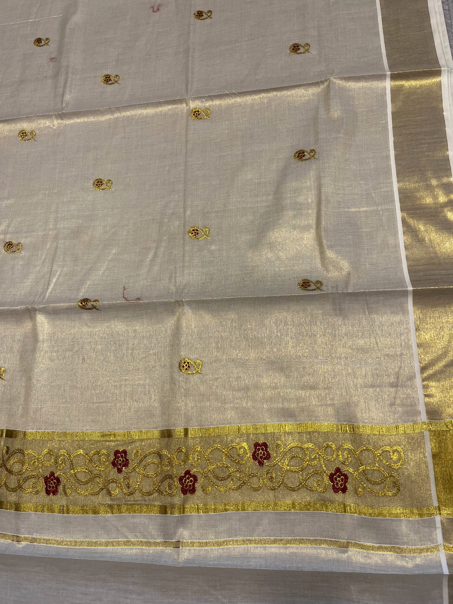 Southloom Kerala Tissue Kasavu Saree with Golden Embroidery Work on Body