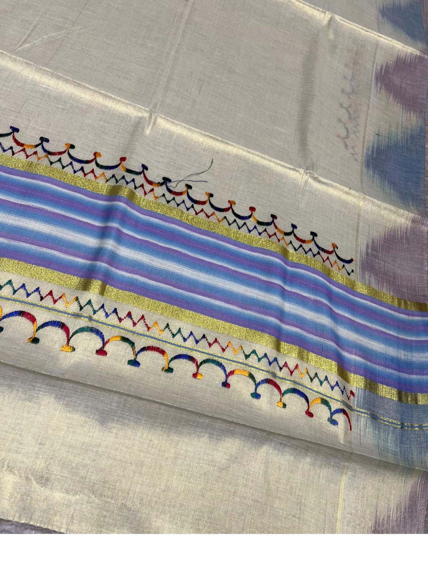 Southloom Kerala Tissue Kasavu Saree with Multi Colour Pochampally Design on Borders and Kara