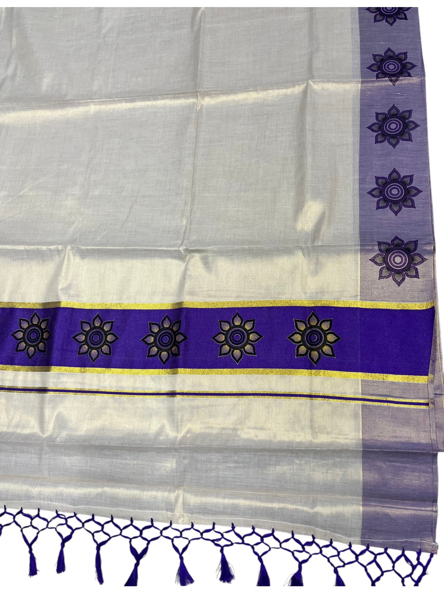 Southloom Kerala Tissue Kasavu Saree with Floral Block Prints in Blue Border