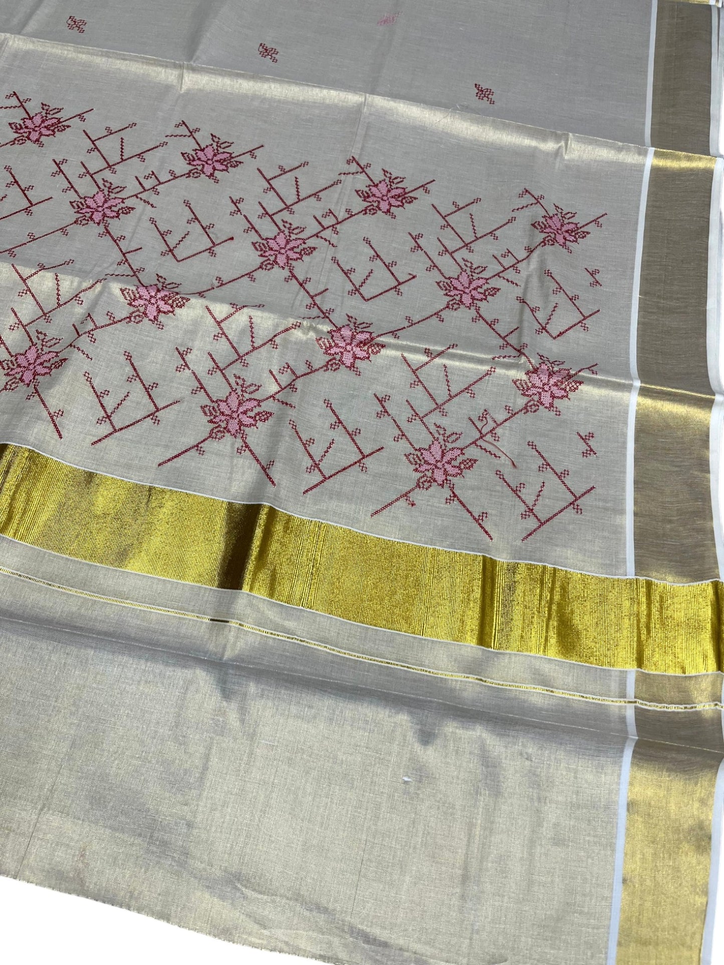Southloom Tissue Kerala Kasavu Saree with Floral Embroidery Work on Body in Pink and Red