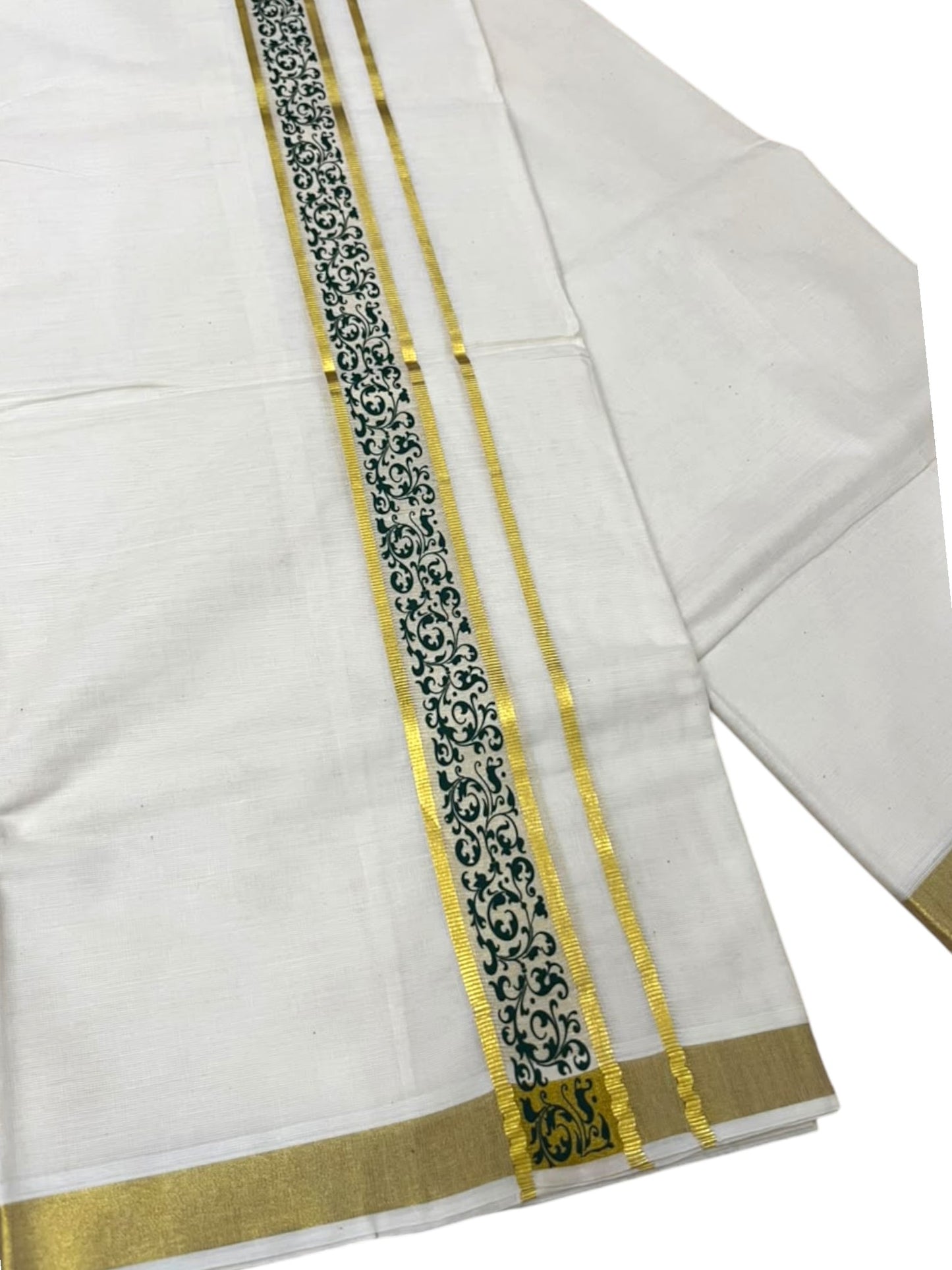 Southloom Pure Cotton Double Mundu with Green Block Printed And Ksavu Border (South Indian Kerala Dhoti)