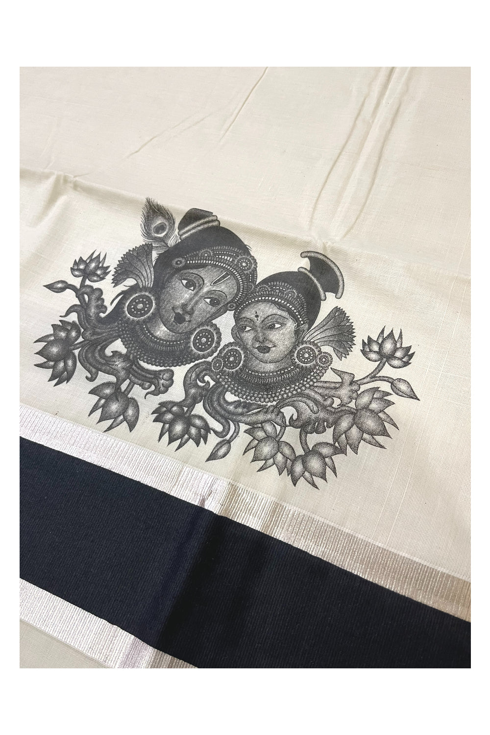 Pure Cotton Kerala Silver Kasavu Saree with Krishna Radha Face Mural Prints and Black Border (Onam Saree 2023)