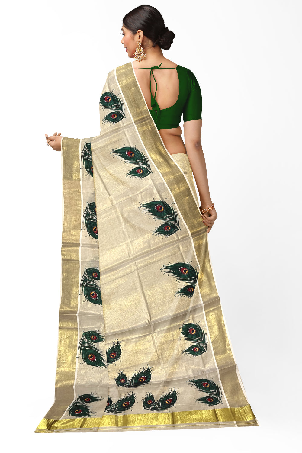 Kerala Tissue Kasavu Saree with Feather Mural Prints on Border and Pallu