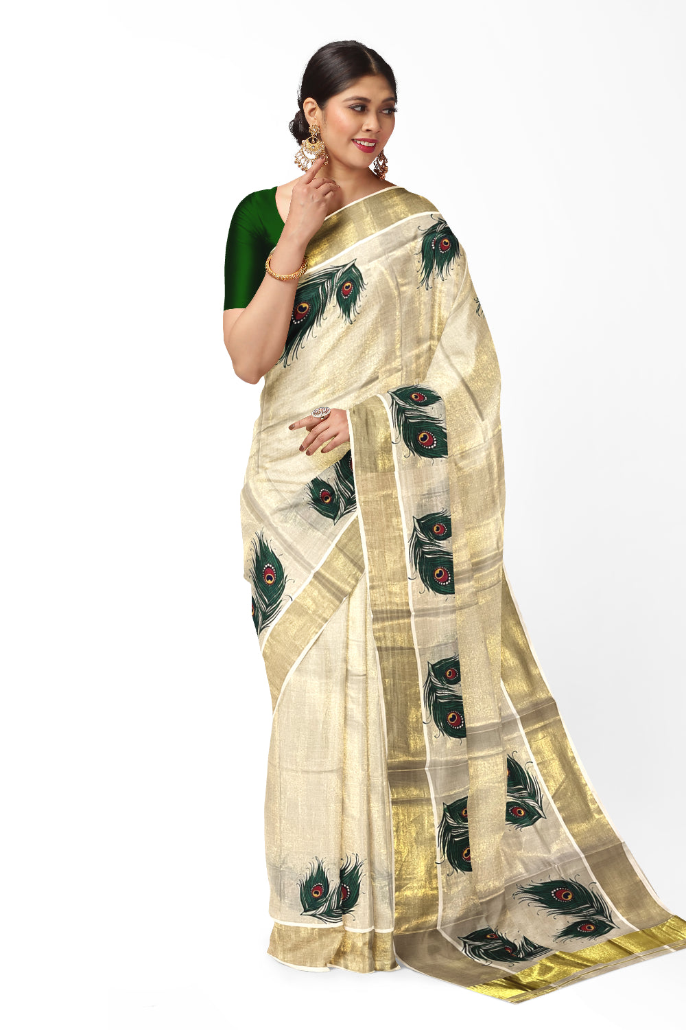 Kerala Tissue Kasavu Saree with Feather Mural Prints on Border and Pallu