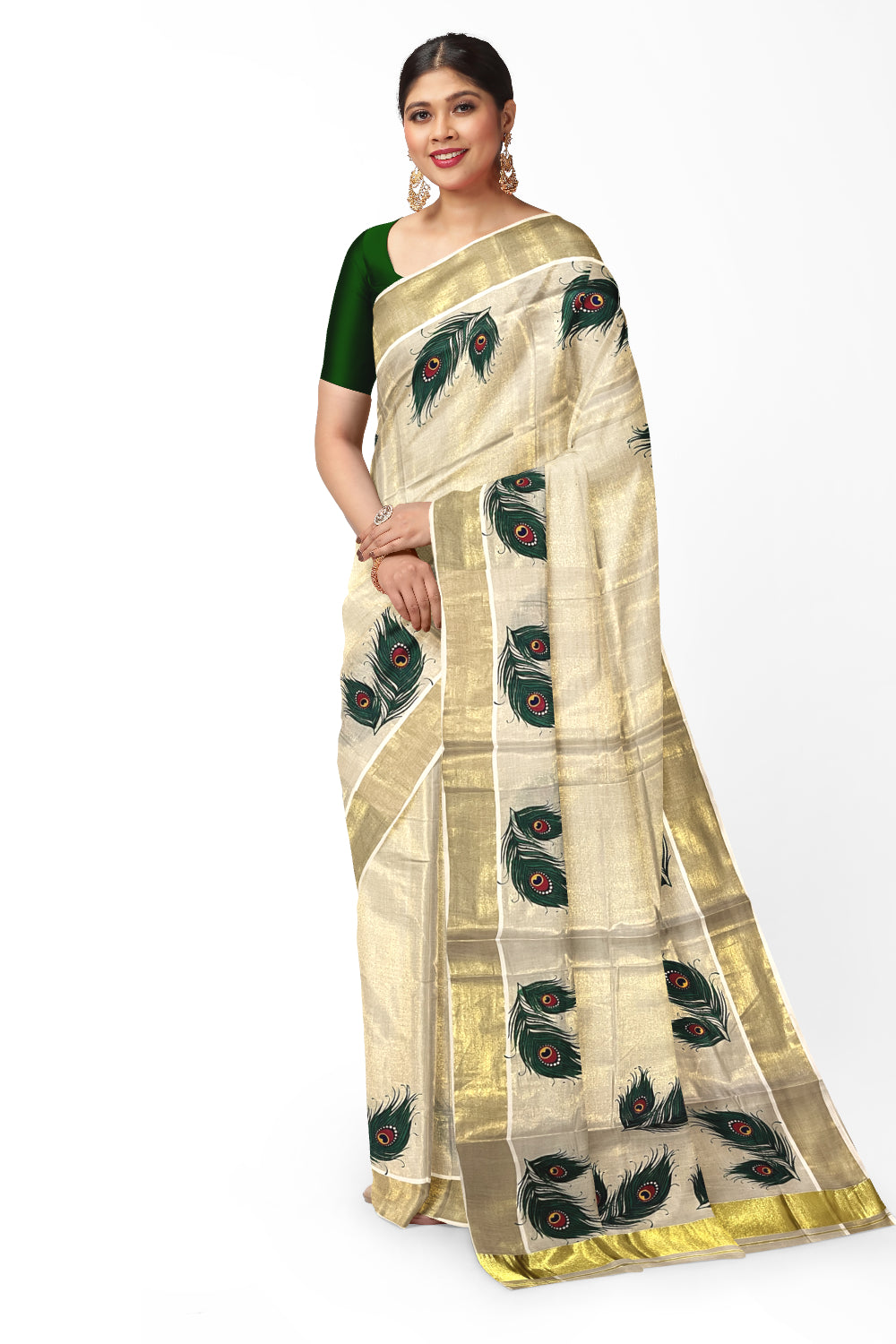 Kerala Tissue Kasavu Saree with Feather Mural Prints on Border and Pallu