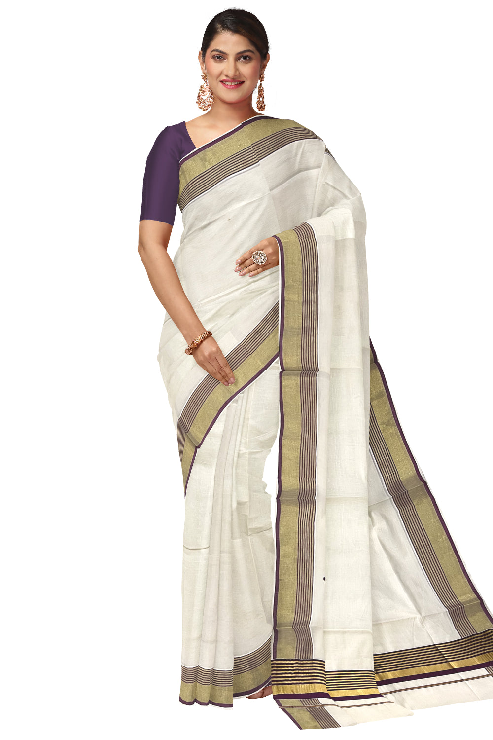 Kerala Pure Cotton Saree with Kasavu and Purple Border