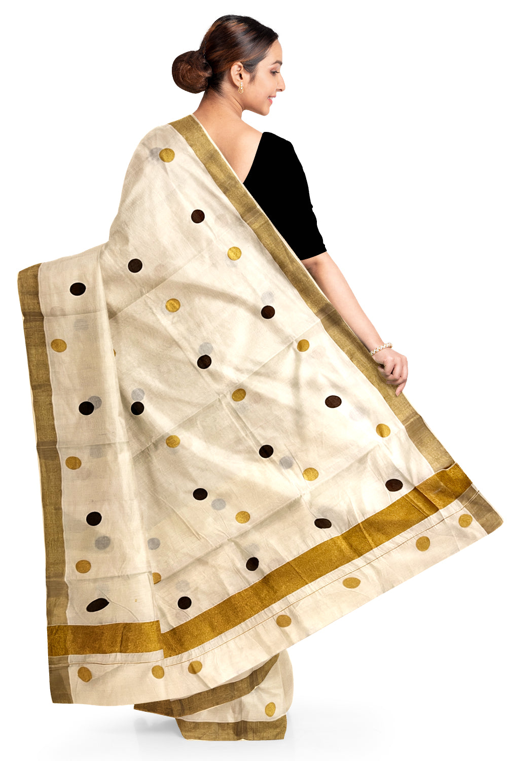 Pure Cotton Off White Kerala Kasavu Saree with Brown and Golden Polka Block Printed Design