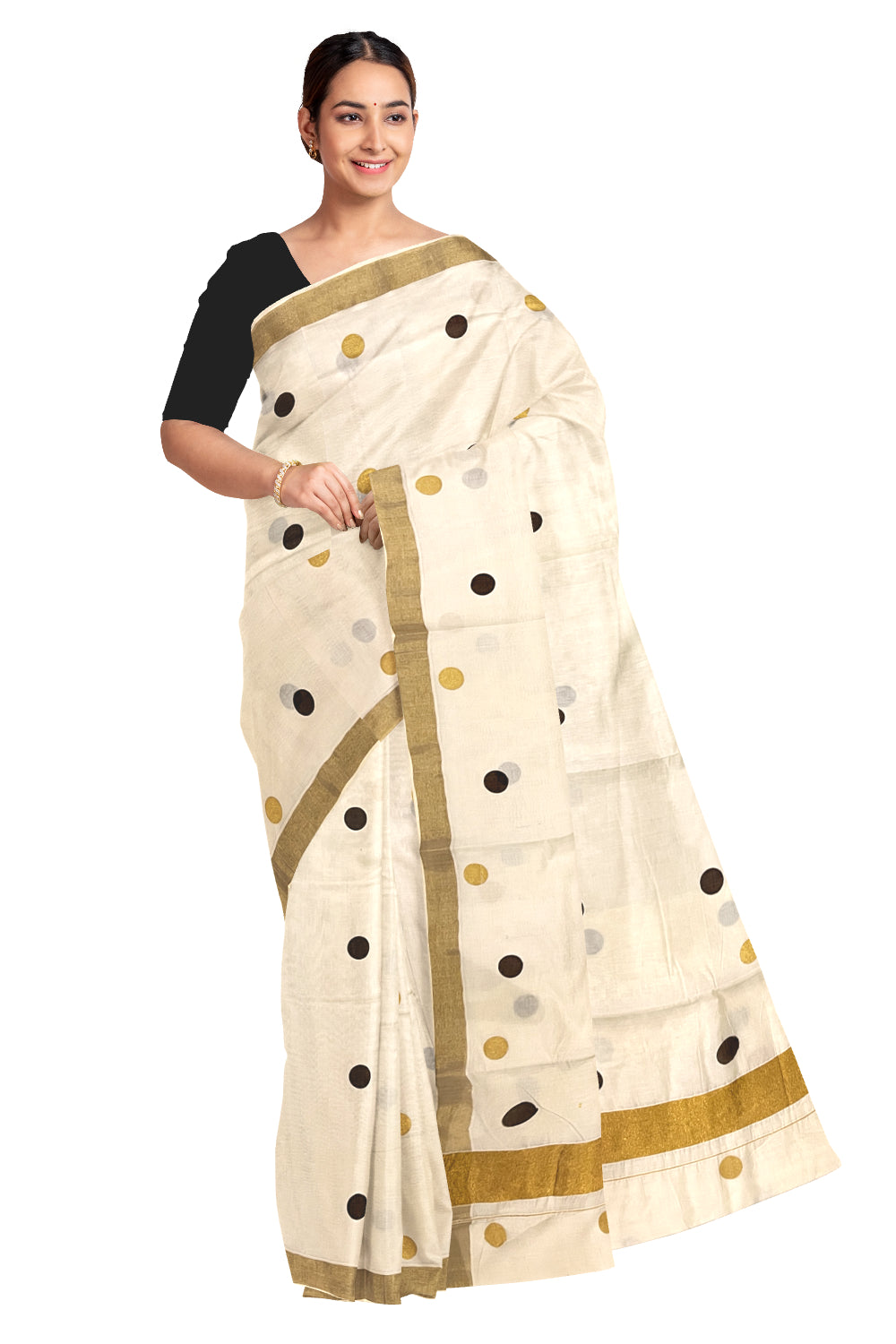 Pure Cotton Off White Kerala Kasavu Saree with Brown and Golden Polka Block Printed Design