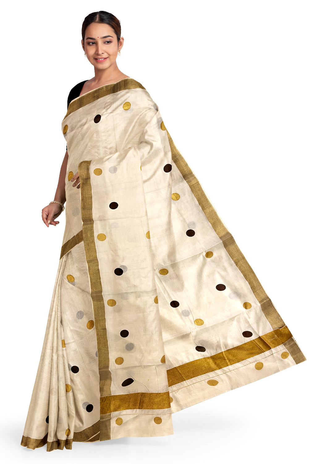 Pure Cotton Off White Kerala Kasavu Saree with Brown and Golden Polka Block Printed Design