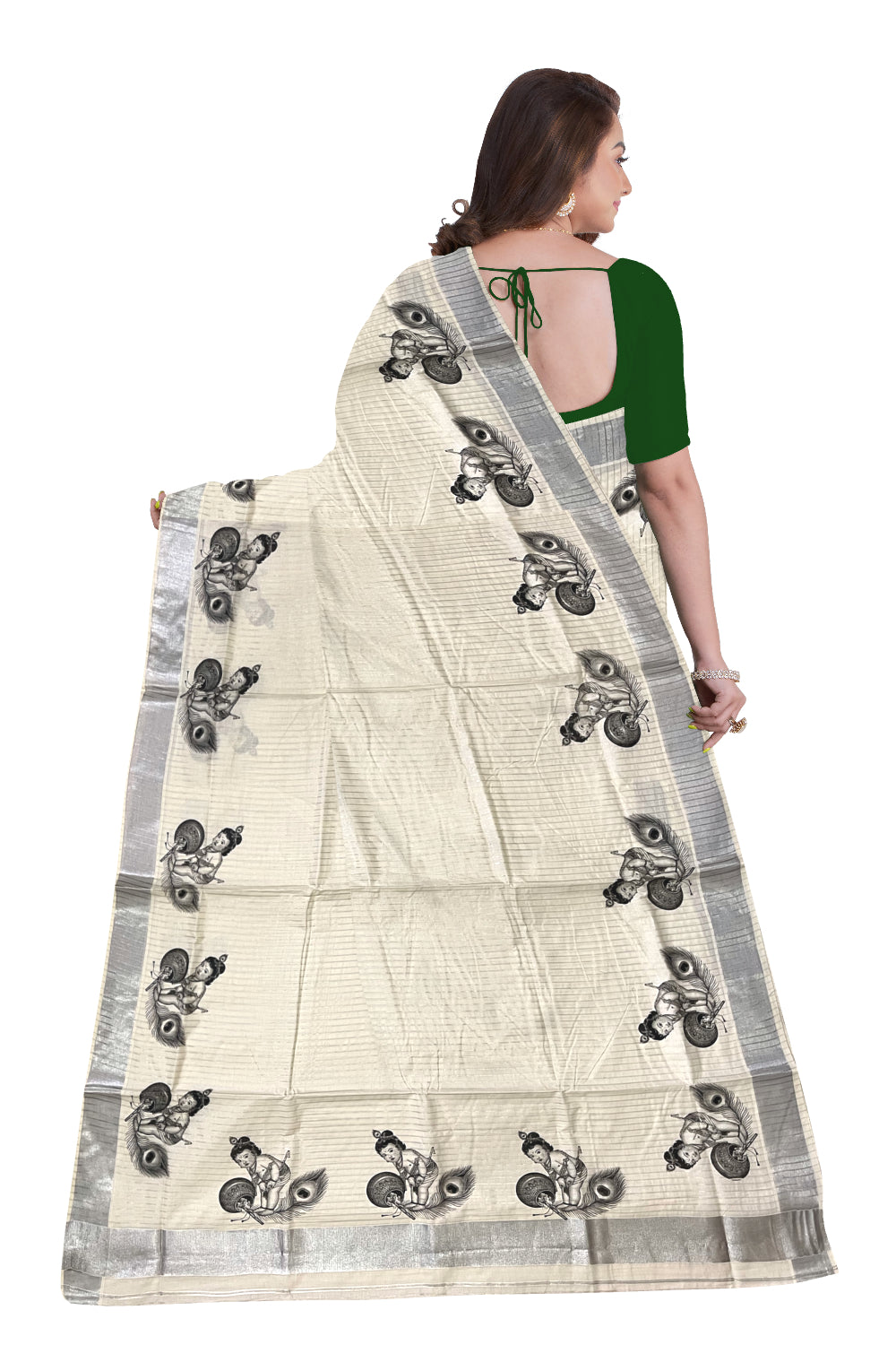 Pure Cotton Kerala Silver Kasavu Lines Design Saree with Baby Krishna with Pot Mural Prints (Onam Collection 2024)