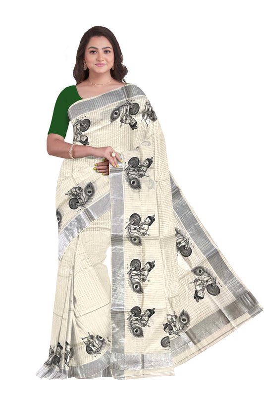 Pure Cotton Kerala Silver Kasavu Lines Design Saree with Baby Krishna with Pot Mural Prints (Vishu Collection 2024)