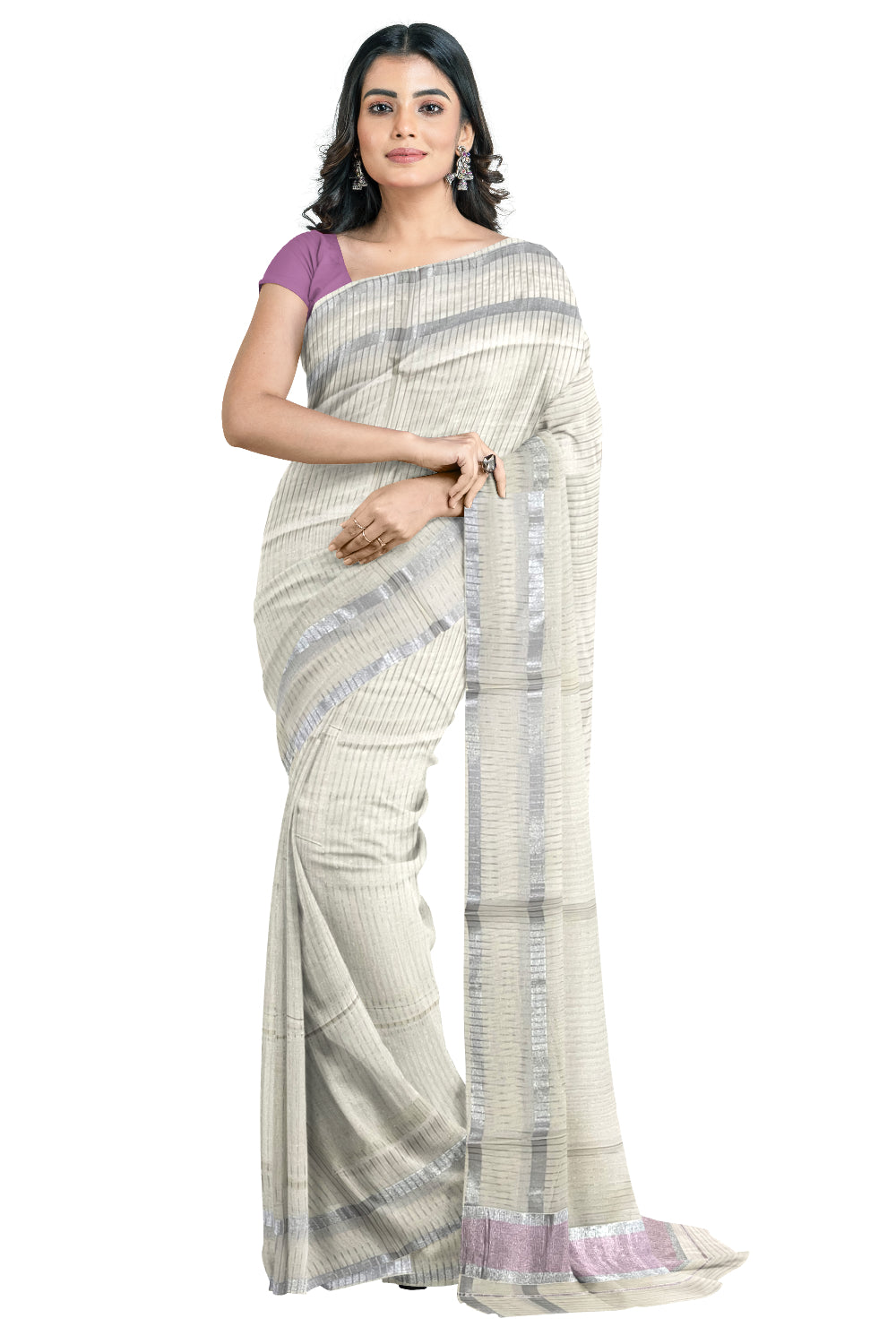 Pure Cotton Kerala Saree with Silver and Light Pink Kasavu Lines Across Body