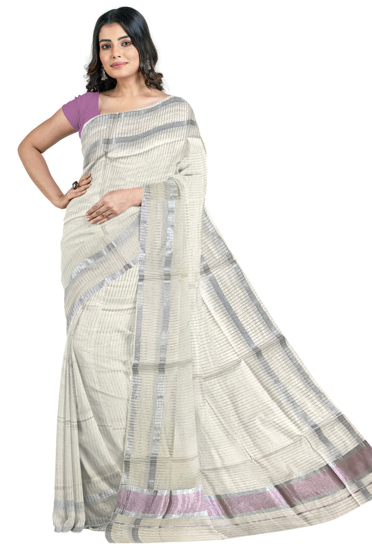 Pure Cotton Kerala Saree with Silver and Light Pink Kasavu Lines Across Body