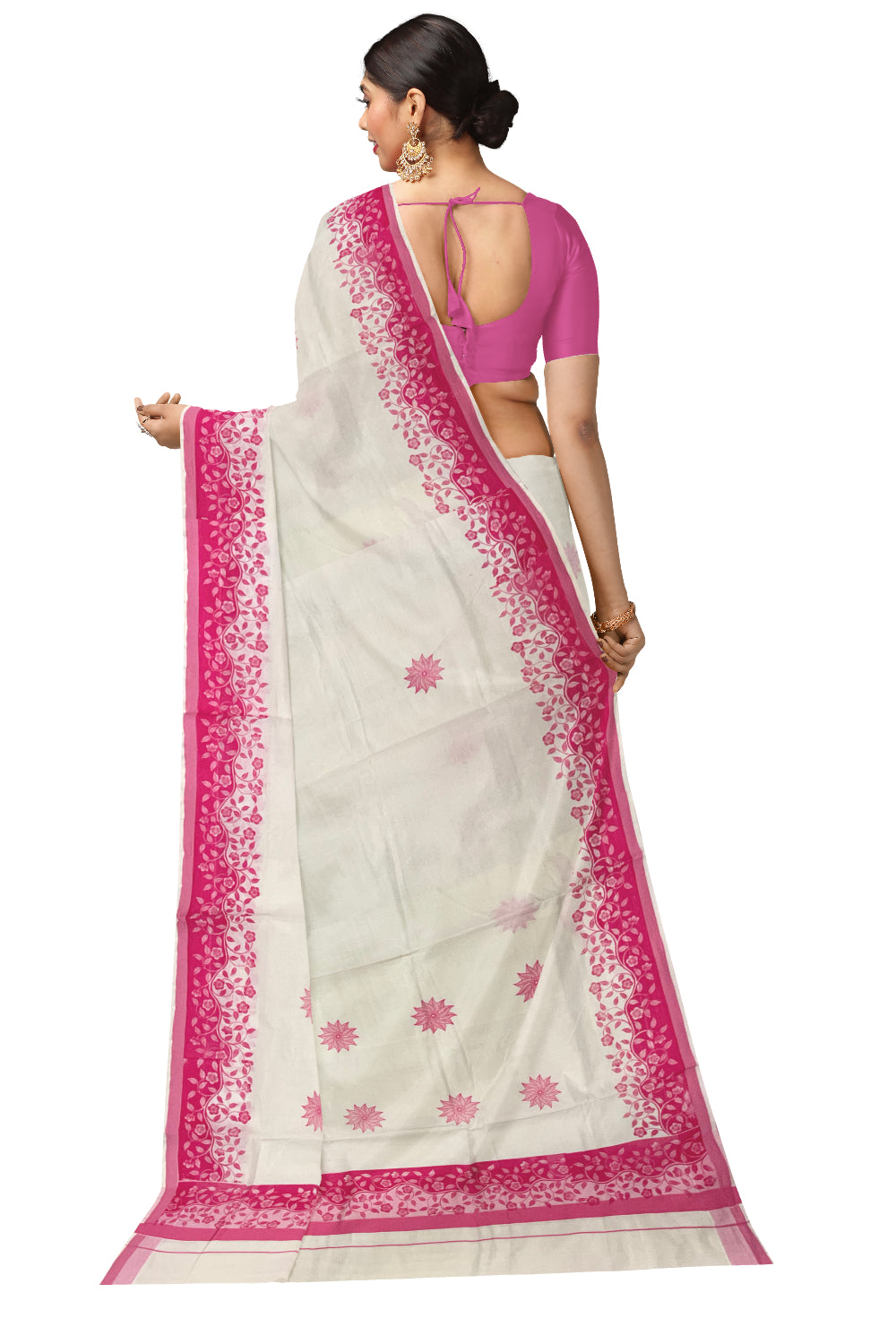 Kerala Cotton Saree with Pink Floral Block Prints on Border