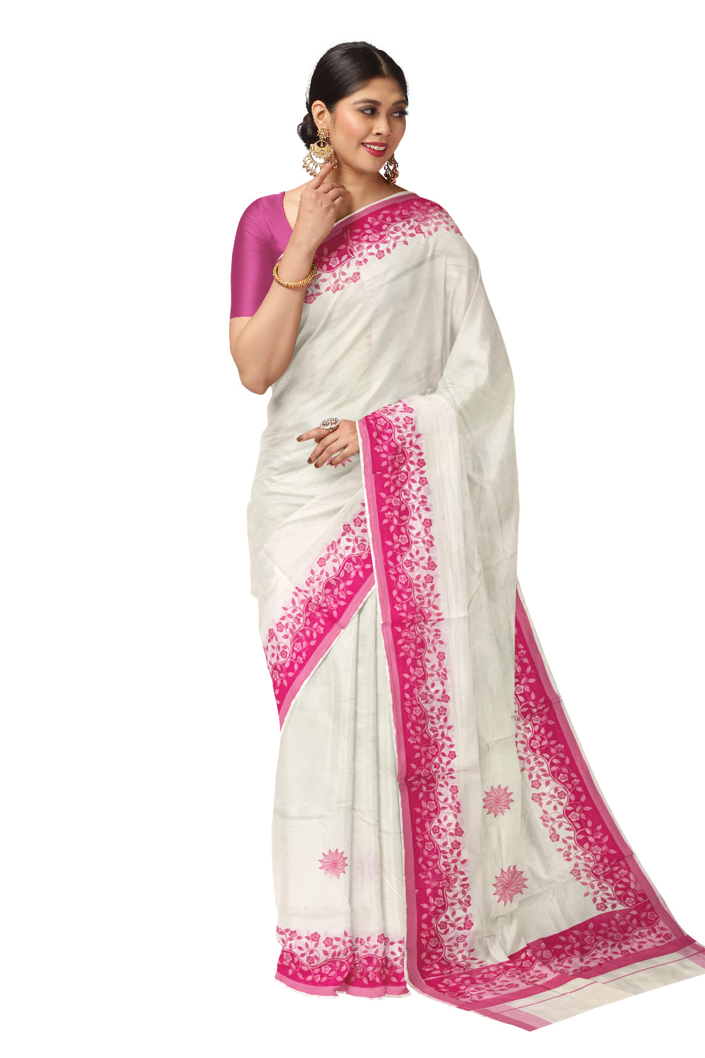 Kerala Cotton Saree with Pink Floral Block Prints on Border