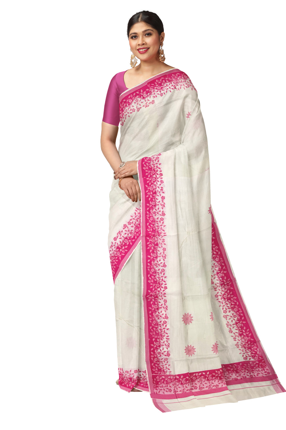 Kerala Cotton Saree with Pink Floral Block Prints on Border