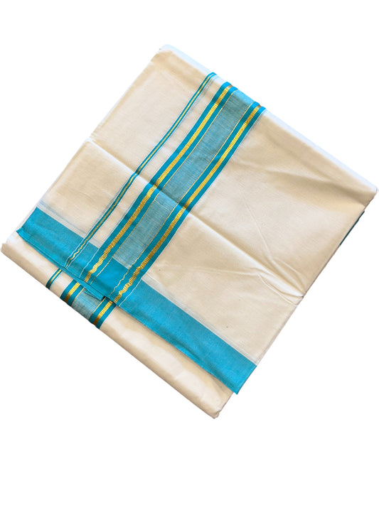 Southloom Pure Cotton Off White Double Mundu with Gold Kasavu And Light Blue Border(South Indian Kerala Dhoti)