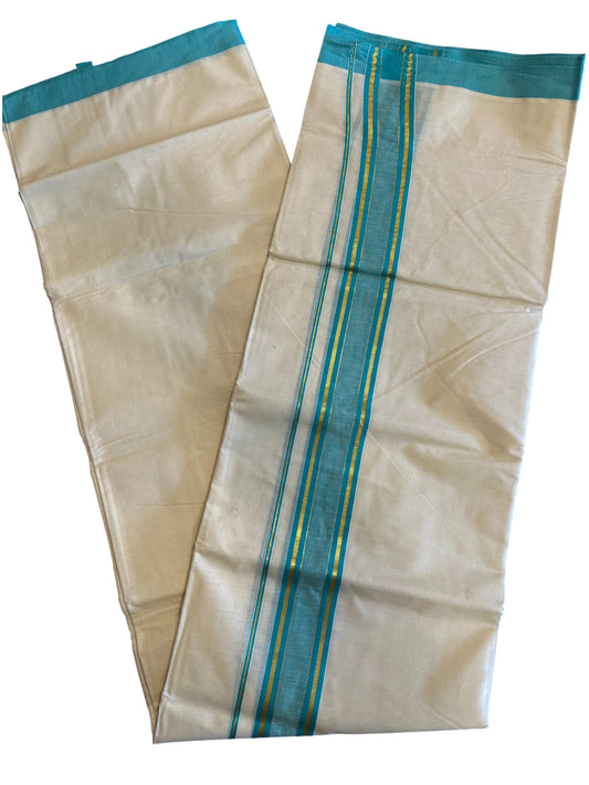 Southloom Pure Cotton Off White Double Mundu with Gold Kasavu And Light Blue Border(South Indian Kerala Dhoti)