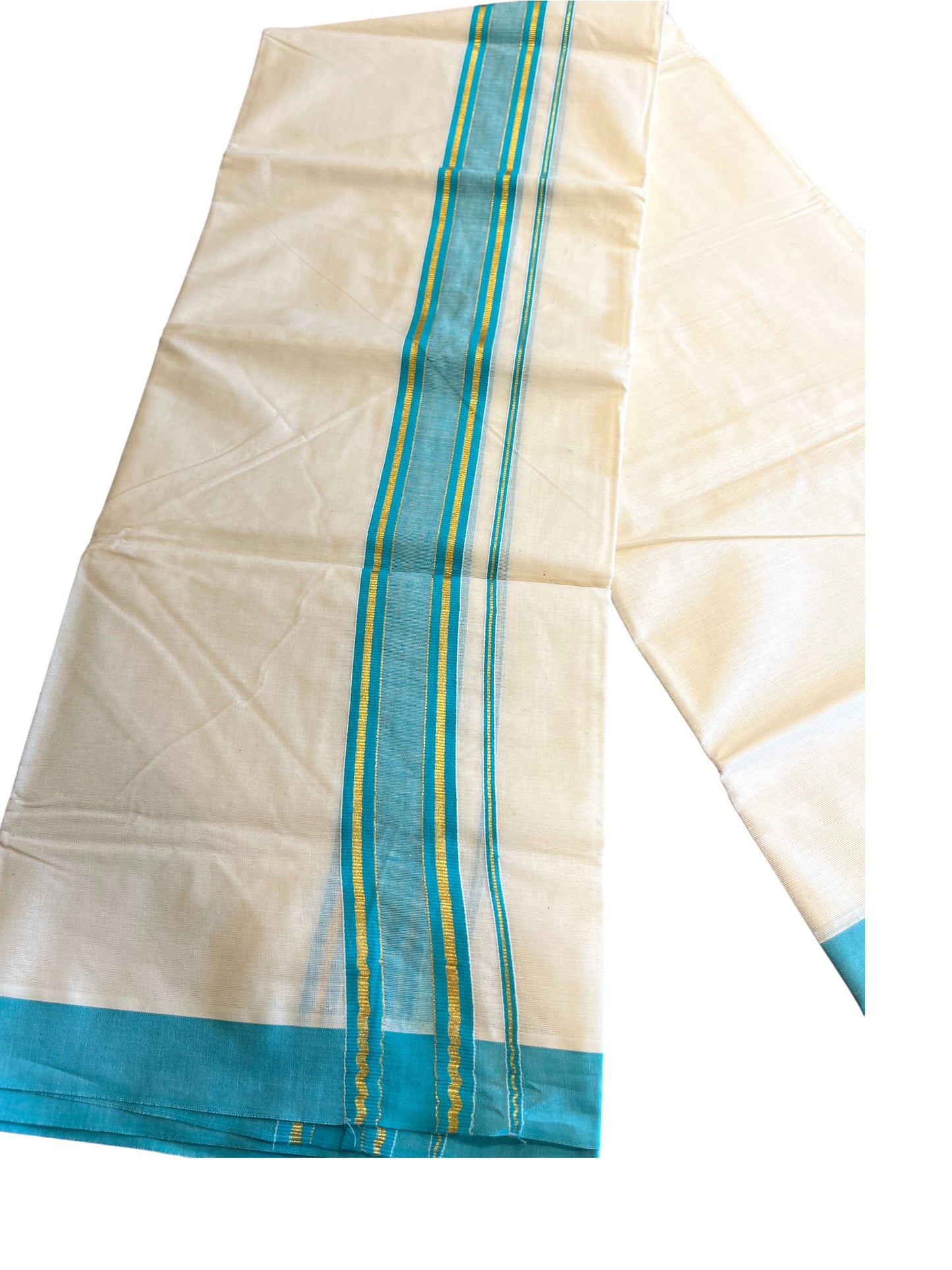 Southloom Pure Cotton Off White Double Mundu with Gold Kasavu And Light Blue Border(South Indian Kerala Dhoti)