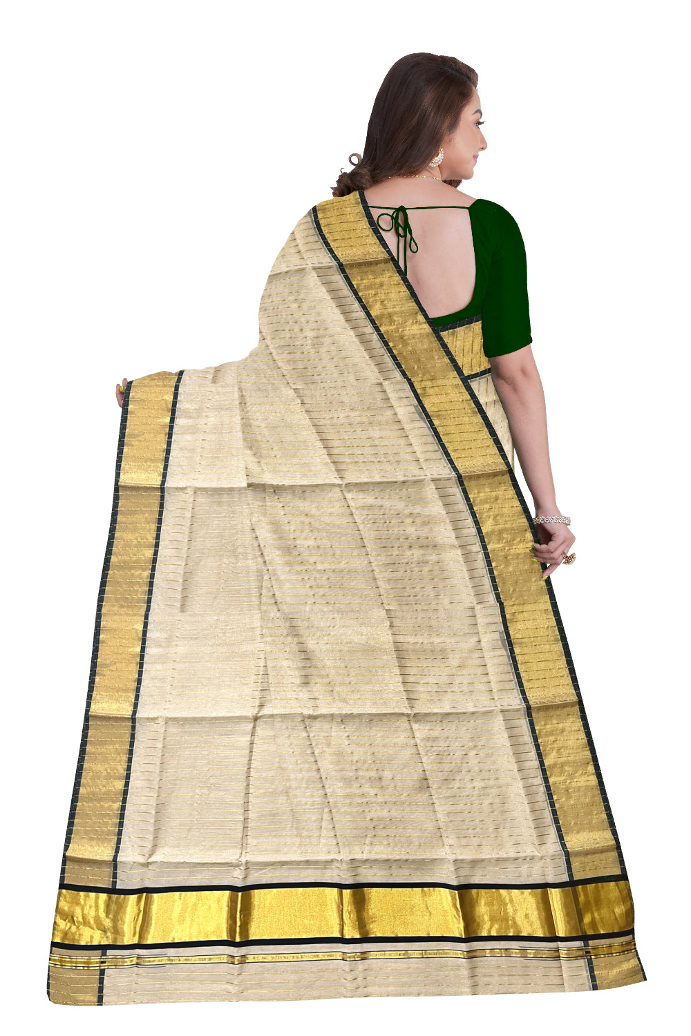 Southloom™ Premium Handloom Tissue Saree with Kasavu Lines Designs Across Body and Dark Green Border