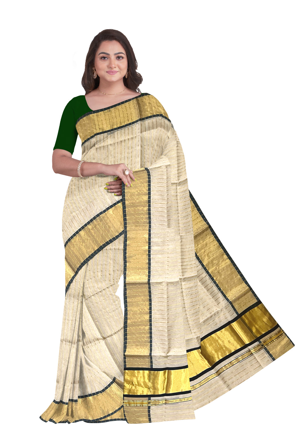 Southloom™ Premium Handloom Tissue Saree with Kasavu Lines Designs Across Body and Dark Green Border