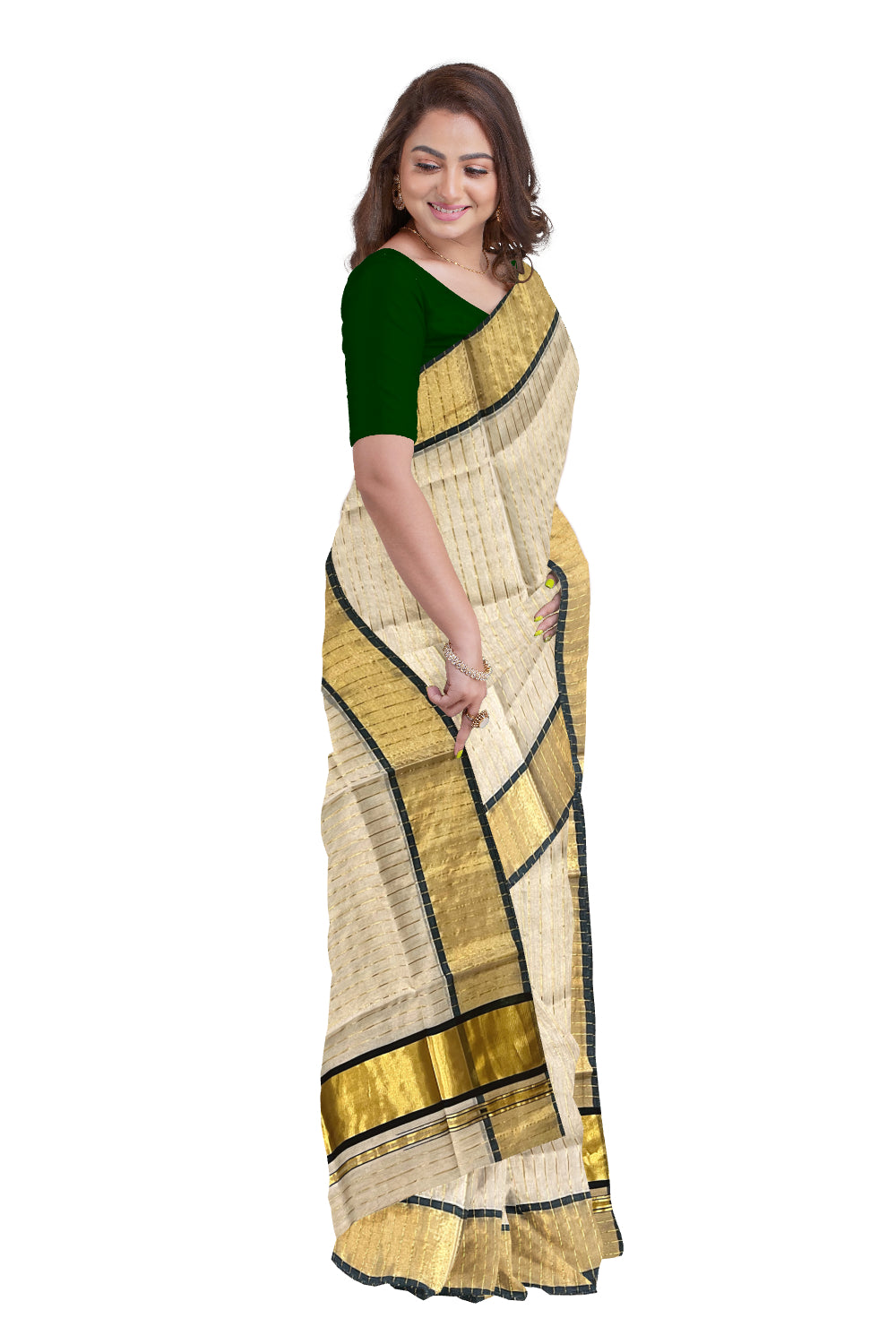 Southloom™ Premium Handloom Tissue Saree with Kasavu Lines Designs Across Body and Dark Green Border