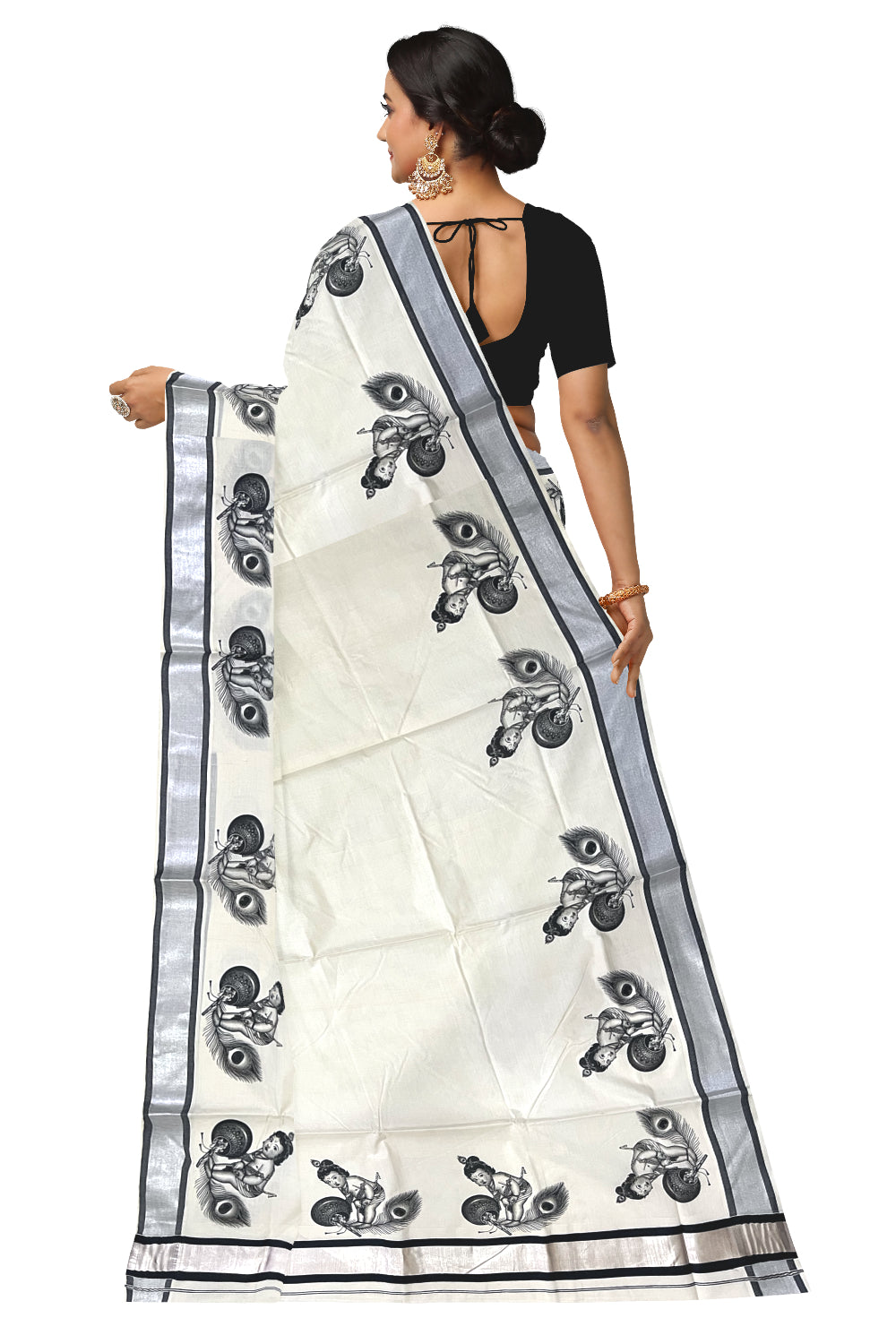 Pure Cotton Kerala Silver Kasavu Saree with Baby Krishna Mural Prints and Black Border (Onam Saree 2023)