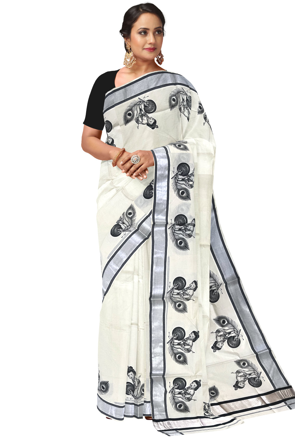 Pure Cotton Kerala Silver Kasavu Saree with Baby Krishna Mural Prints and Black Border (Onam Saree 2023)