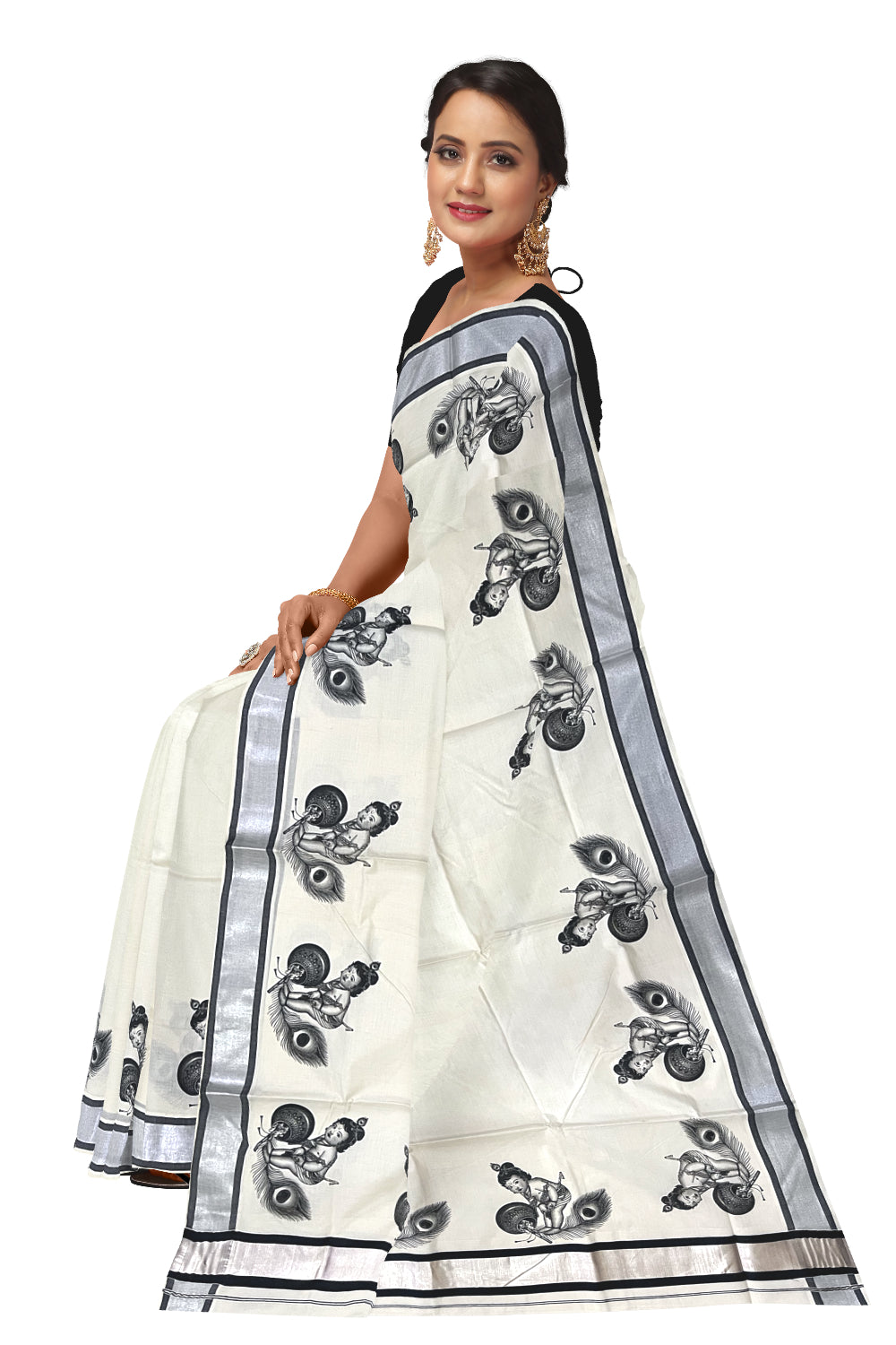 Pure Cotton Kerala Silver Kasavu Saree with Baby Krishna Mural Prints and Black Border (Onam Saree 2023)