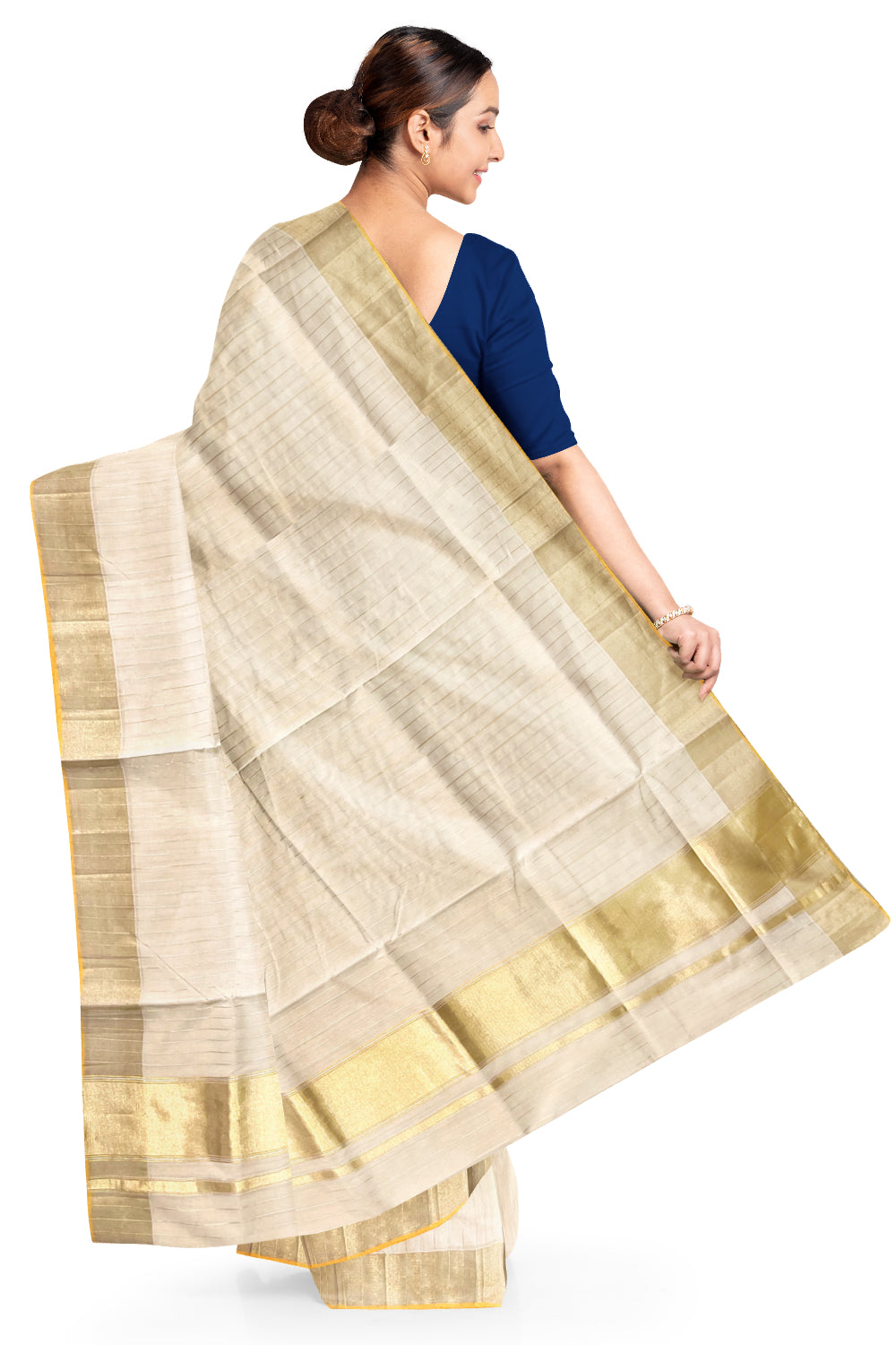 Southloom™ Premium Balaramapuram Handloom Cotton Saree with Silver and Golden Lines Designs Across Body