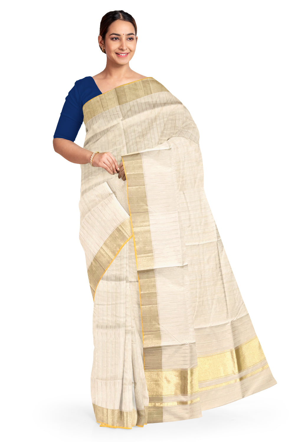 Southloom™ Premium Balaramapuram Handloom Cotton Saree with Silver and Golden Lines Designs Across Body