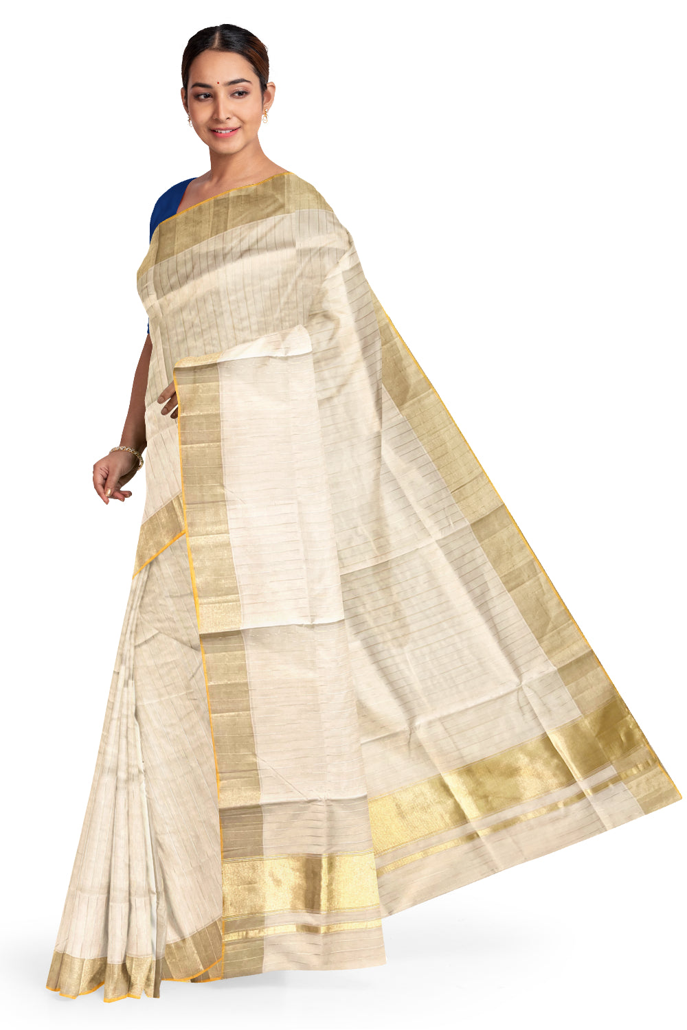 Southloom™ Premium Balaramapuram Handloom Cotton Saree with Silver and Golden Lines Designs Across Body