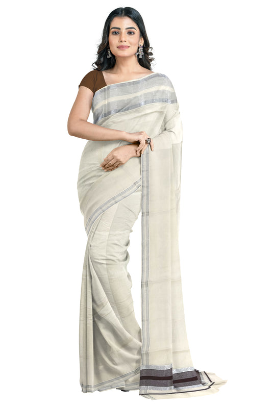 Kerala Pure Cotton Plain Saree with Silver Kasavu Border and Brown Pallu