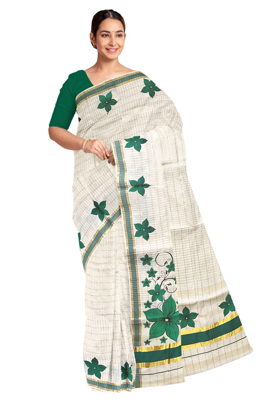 Pure Cotton Kerala Saree with Kasavu Checks and Floral Block Prints on Green Border