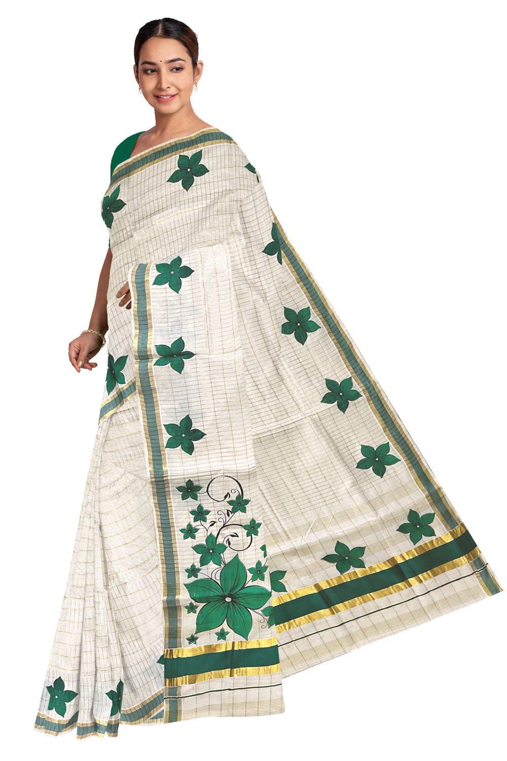 Pure Cotton Kerala Saree with Kasavu Checks and Floral Block Prints on Green Border